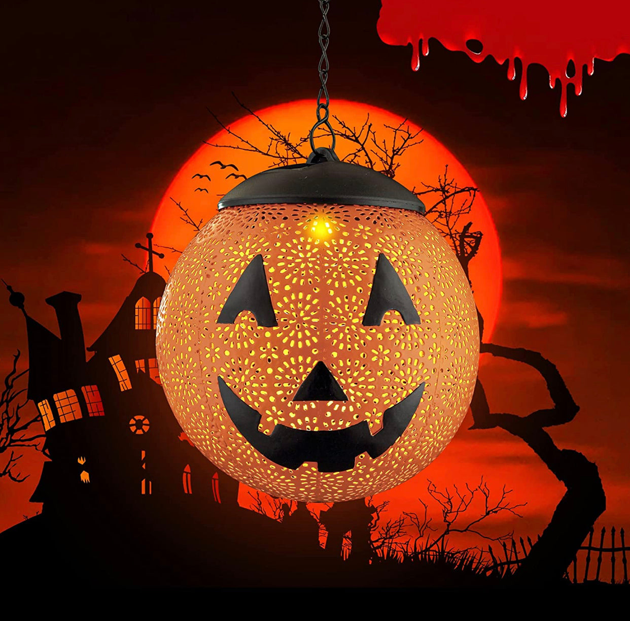 Lighteme Halloween Solar Hanging Lights Outdoor - Garden Solar Metal Lantern Decor, Solar Powered Led Waterproof Decorative Round