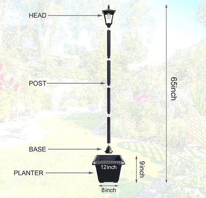 Lighteme 64 Inch Solar Lamp Post Lights Outdoor with Planter, 70 Lumen Solar Powered  with 4 Adjustable Height- Black