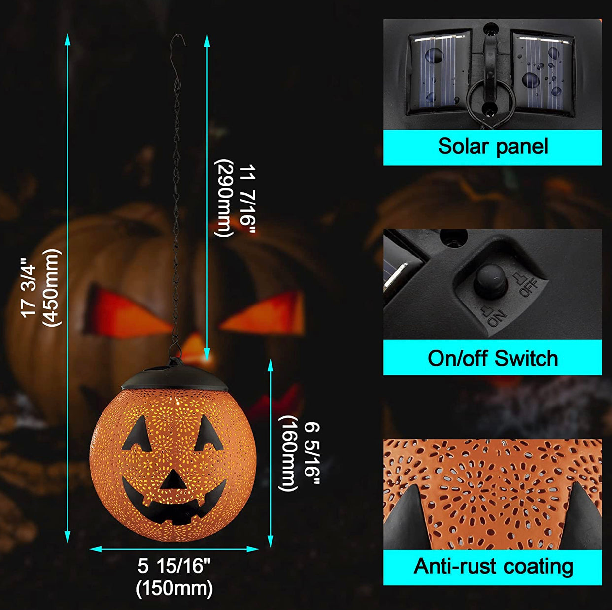 Lighteme Halloween Solar Hanging Lights Outdoor - Garden Solar Metal Lantern Decor, Solar Powered Led Waterproof Decorative Round
