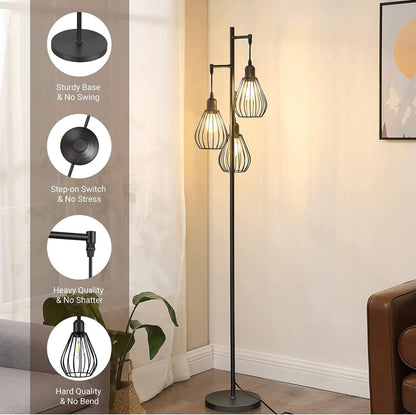 Lighteme Stehlampe passt zu industriellen, bäuerlichen und rustikalen Wohnzimmern – Stehende Baumlampe mit 3 eleganten Käfigköpfen und Edison-LED-Glühbirnen