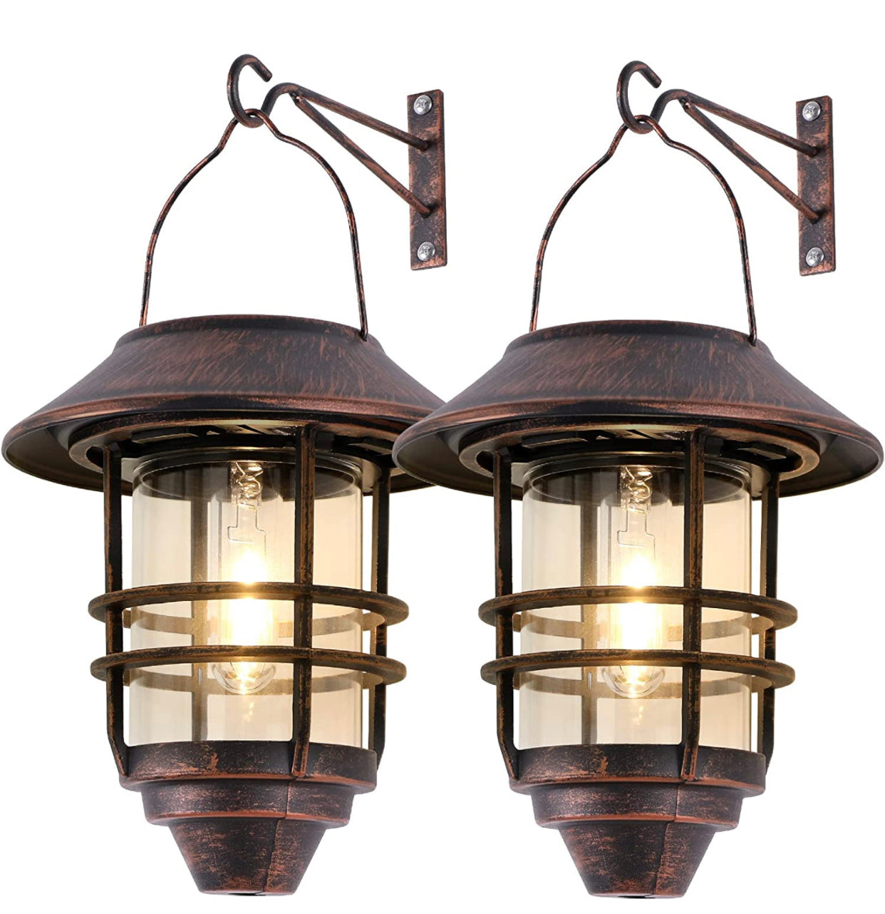 Lighteme 2 Pack Security Solar Hanging Lanterns , Wall/Porch Lights 15 Lumen Heavy Glass & Stainless