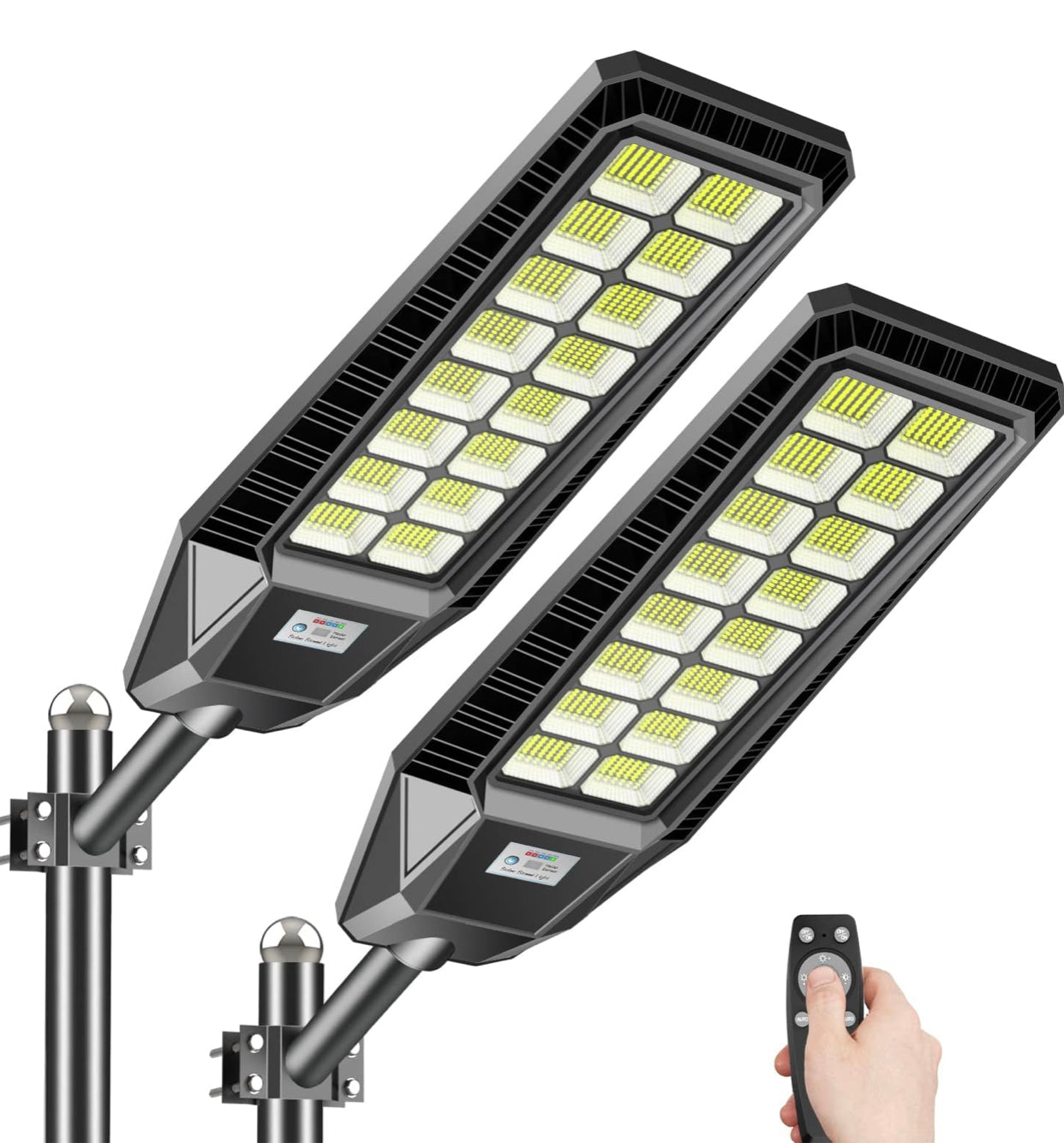 Lighteme Lot de 2 lampadaires solaires d'extérieur 1600 W 90 000 lumens, du crépuscule à l'aube, avec télécommande et détecteur de mouvement 
