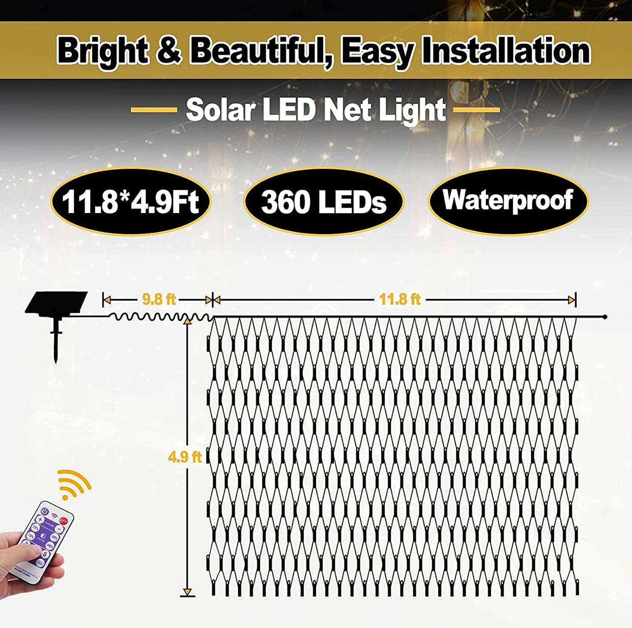 Lighteme Solar Net Mesh Lights 360 LED  with Remote, 11.8Ft x 4.9Ft Fence String Light