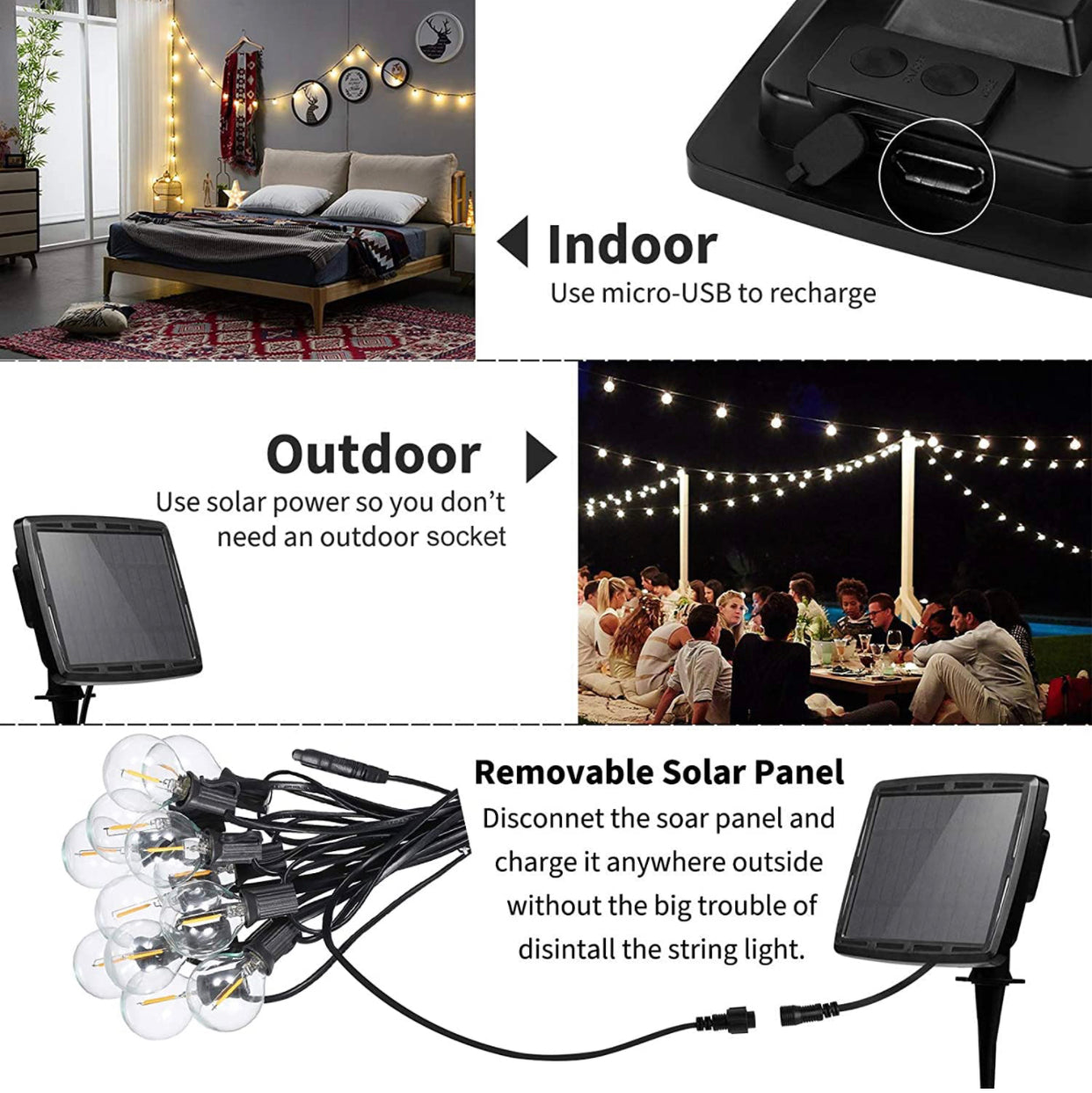 Lighteme 27 Ft Pro - Globe Solar LED Outdoor String Lights – Waterproof, G40 Retro Edison Filament Bulbs -Warm White