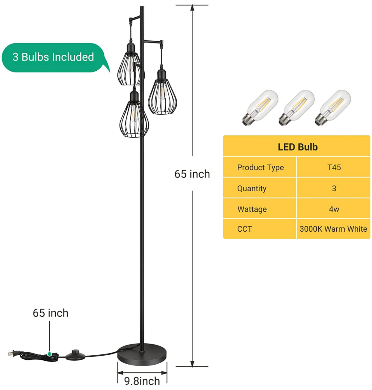 Lighteme Stehlampe passt zu industriellen, bäuerlichen und rustikalen Wohnzimmern – Stehende Baumlampe mit 3 eleganten Käfigköpfen und Edison-LED-Glühbirnen