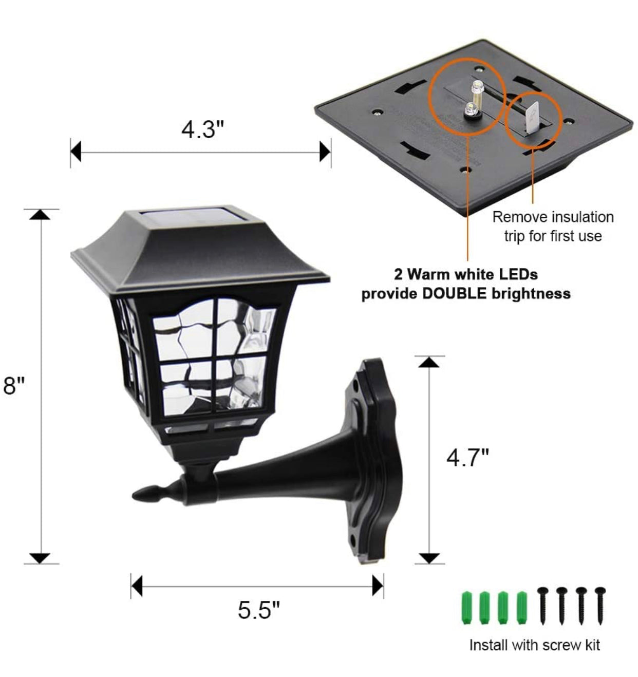 Lighteme 4 Pack Solar Wall Lantern Outdoor Wall Sconce 15 Lumens Solar Outdoor Christmas Led Light Fixture with Wall Mount Kit