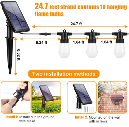 Lighteme 27Ft Solar Flickering LED Bulbs - Solar Panel Powered Hanging String Lights -12 Bulbs