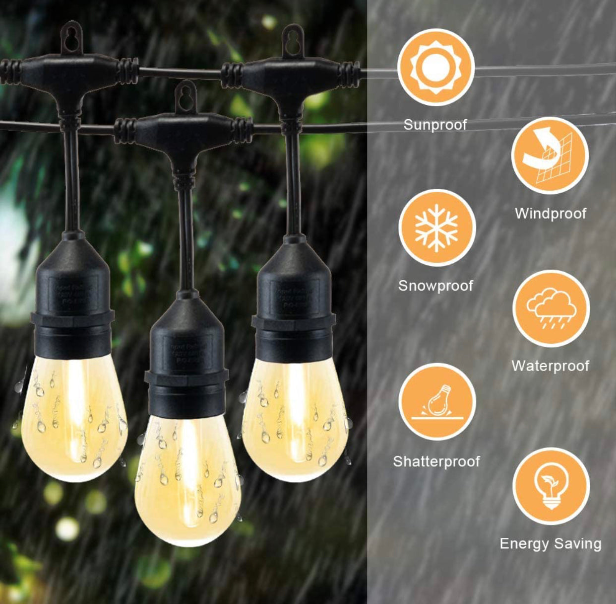 Lighteme 48Ft Solar Powered String Lights Waterproof LED Hanging Edison Bulb Lights with 15 Bulbs