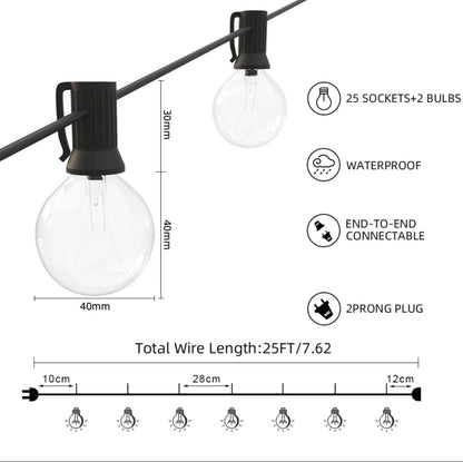 Lighteme 25 Ft Plug-In Outdoor String Light G40 Globe Patio Lights with 26 Edison Glass Bulbs Hanging Light