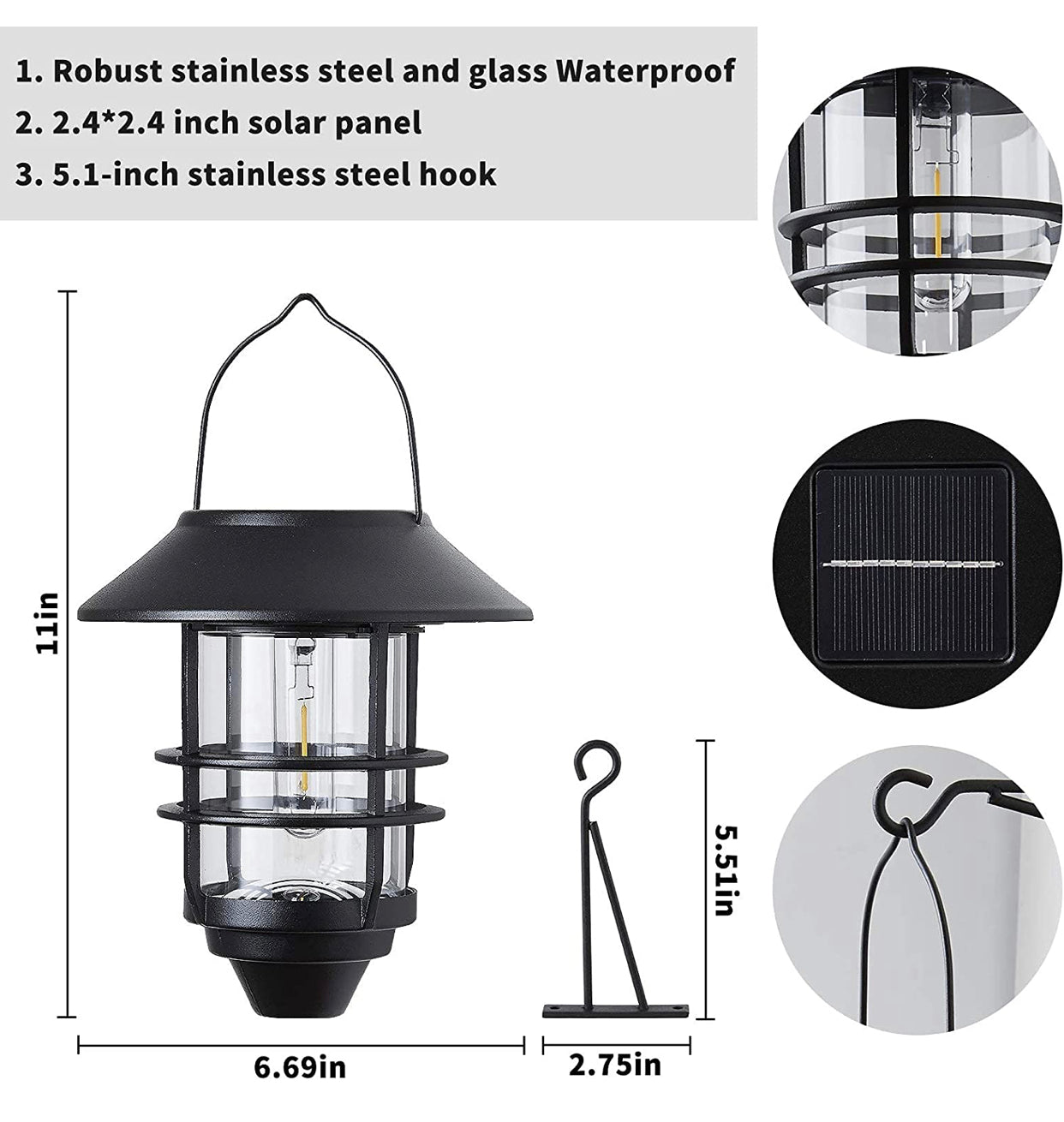 Lighteme 2 Pack Security Solar Hanging Lanterns , Wall/Porch Lights 15 Lumen Heavy Glass & Stainless