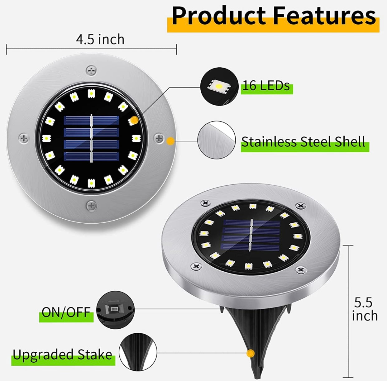 Lighteme Solar Garden Disk Lights 16LED Solar Ground Lights Underground Lights,4 Pack-20 Lumen