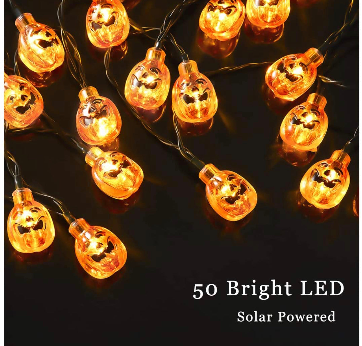 Lighteme 33Ft Solar Powered Pumpkin Halloween String Lights 50 LED with 8 Lighting Modes