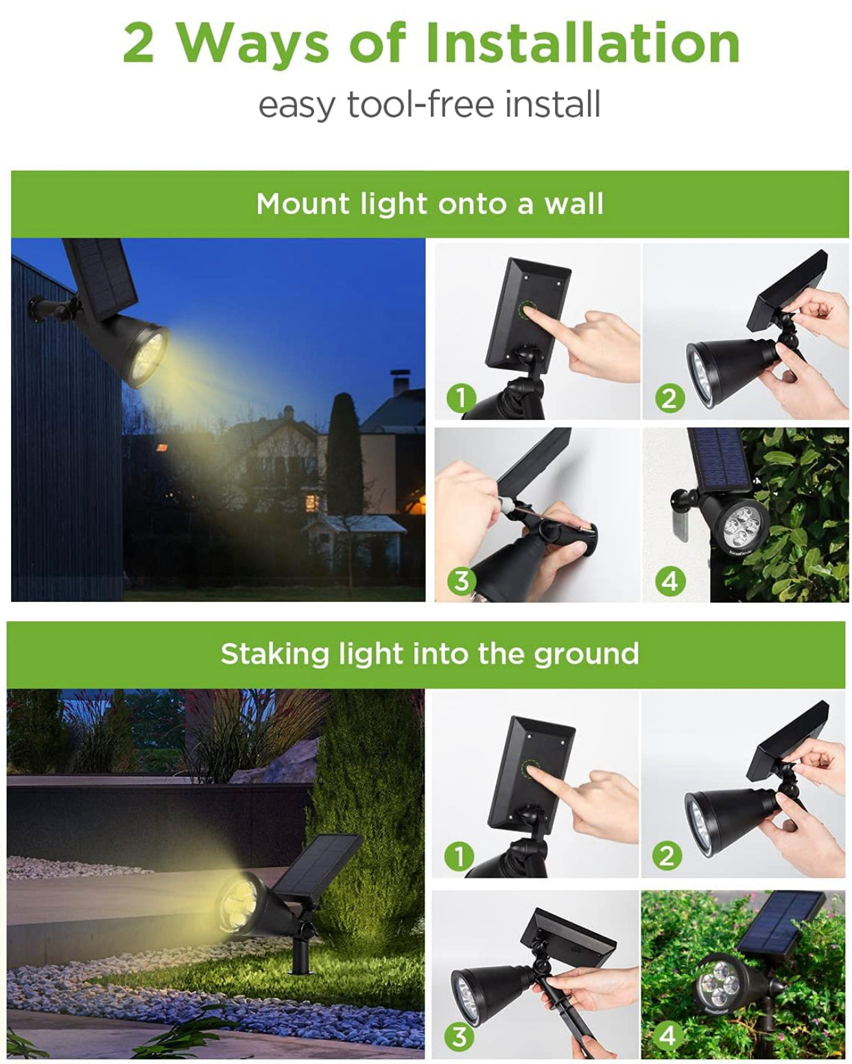 Lighteme Solar SpotLights Outdoor, Waterproof Solar Powered Landscape  2-in-1 Wall Light Auto On/Off , Pack of 4