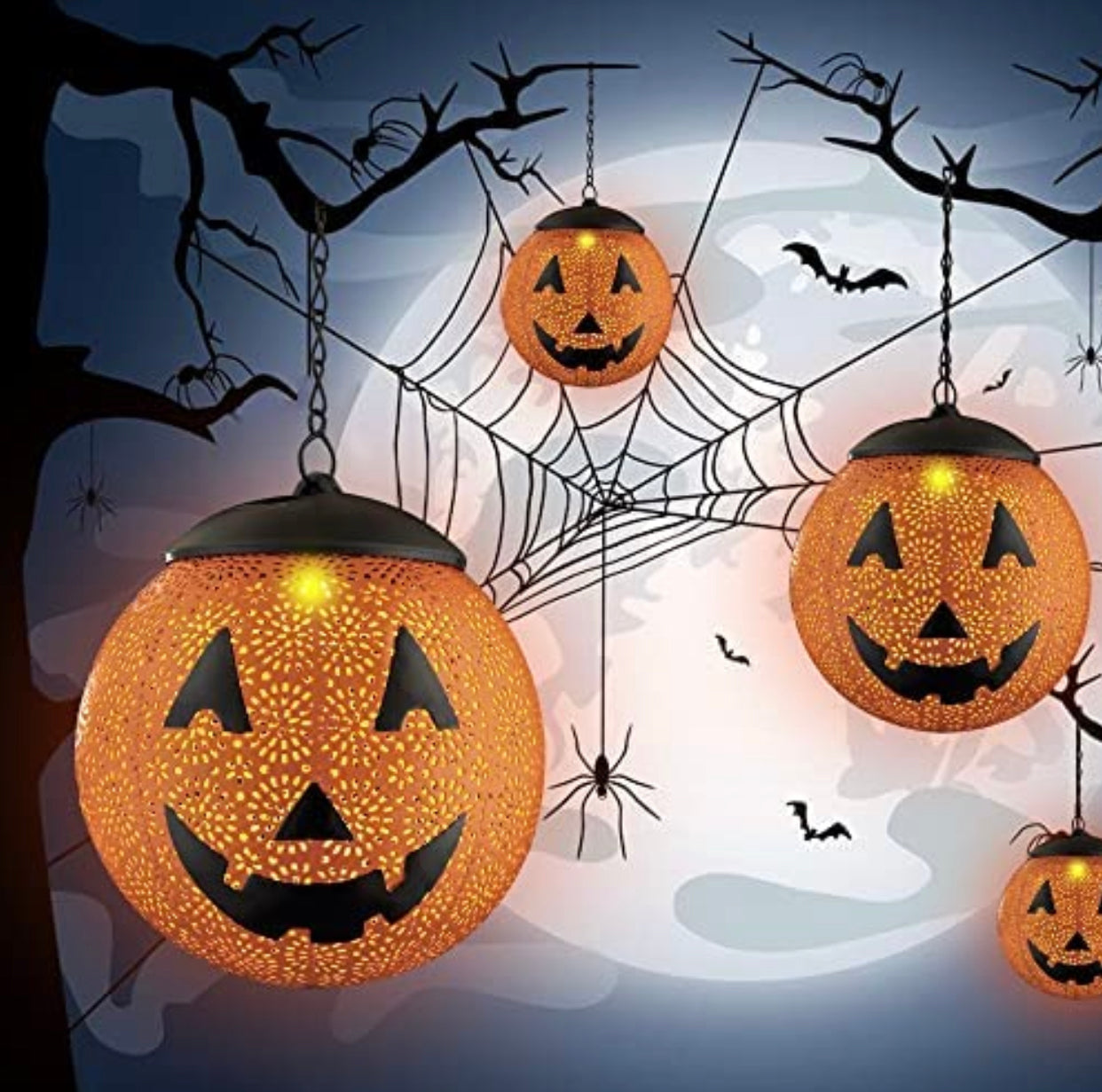 Lighteme Halloween Solar Hanging Lights Outdoor - Garden Solar Metal Lantern Decor, Solar Powered Led Waterproof Decorative Round
