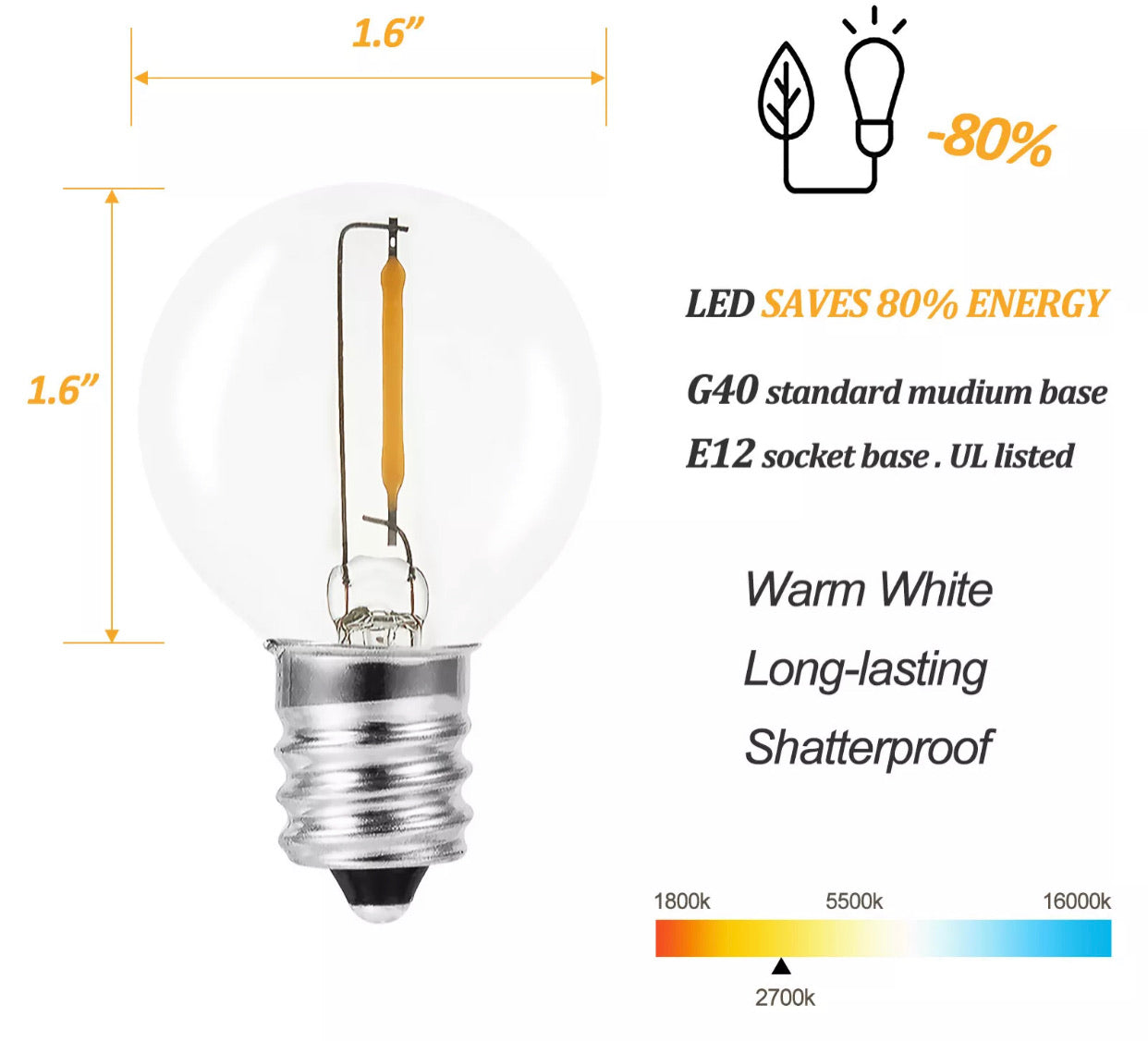 Lighteme 27 Ft Pro - Globe Solar LED Outdoor String Lights – Waterproof, G40 Retro Edison Filament Bulbs -Warm White
