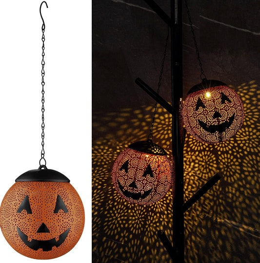 Lighteme Halloween Solar Hanging Lights Outdoor - Garden Solar Metal Lantern Decor, Solar Powered Led Waterproof Decorative Round