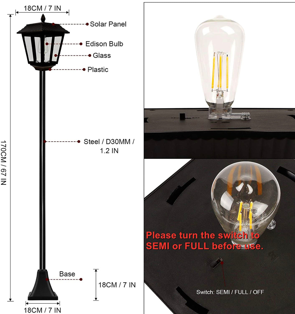 Lighteme 67 Inch Solar Lamp Post Lights, 100 Lumen Solar Powered Vintage Street Lights Outdoor, Warm White LED Edison Bulb Solar Post Light