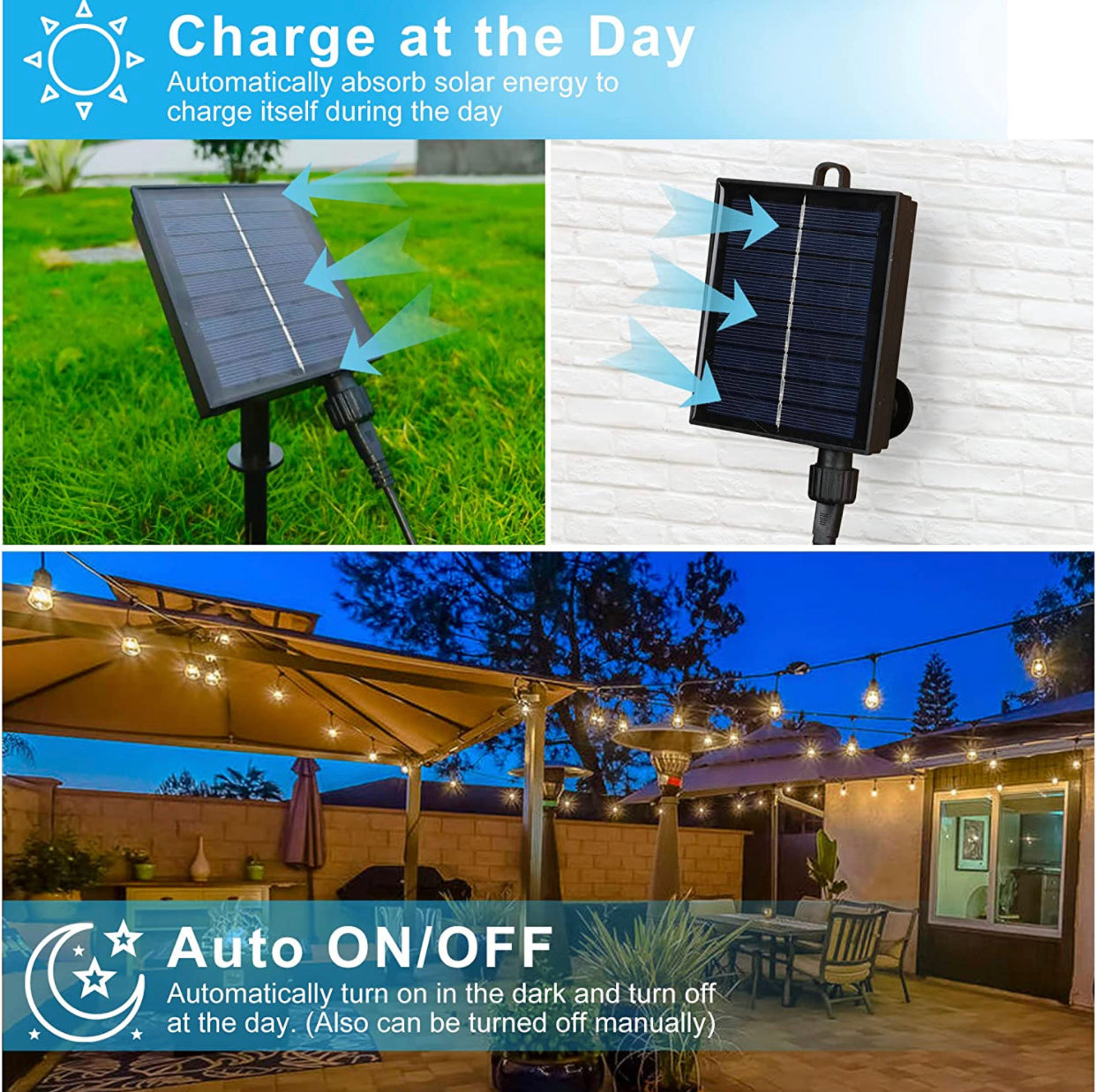 Lighteme 27 Ft Solar LED Outdoor String Lights – 1W Retro Edison Globe Bulbs Waterproof - 27 Ft Bistro Lights