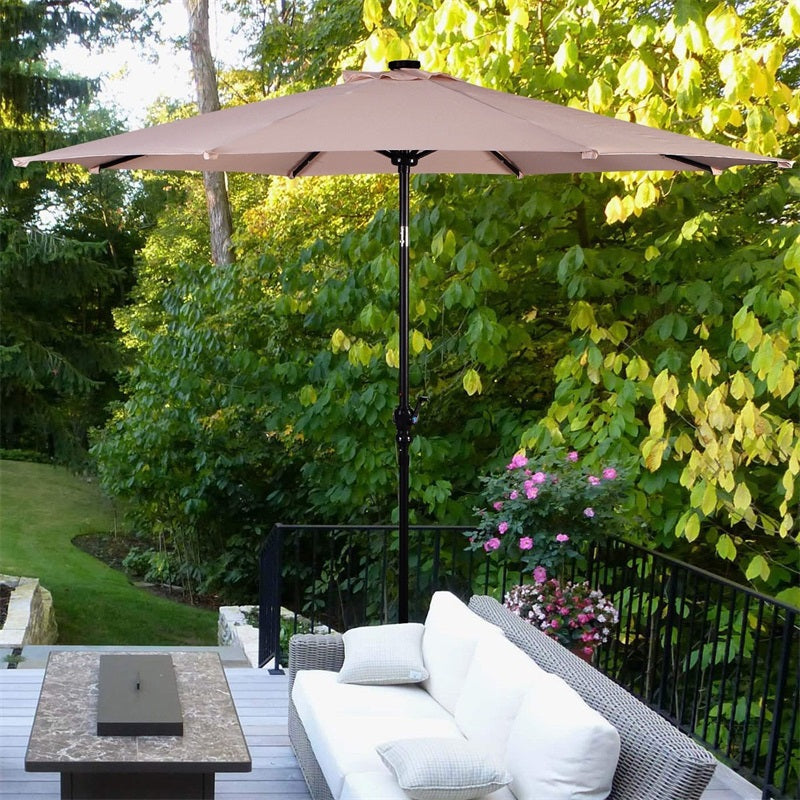 Lighteme High Quality 10 Ft Patio Solar Umbrella with Crank Solar-powered LED Lights 8 Firm UV Protective Outdoor Patio Beach Umbrella