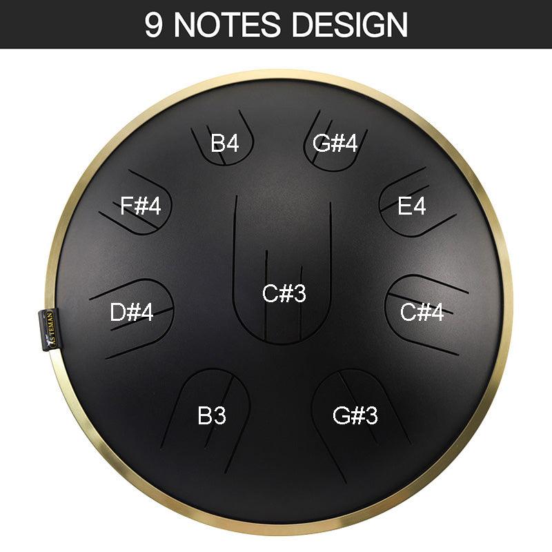 AS TEMAN Steel Tongue Drum | D Amara / C# Amara Black Tank Drum für Yoga & Meditation mit Geschenkset | 14 Zoll 9 Töne