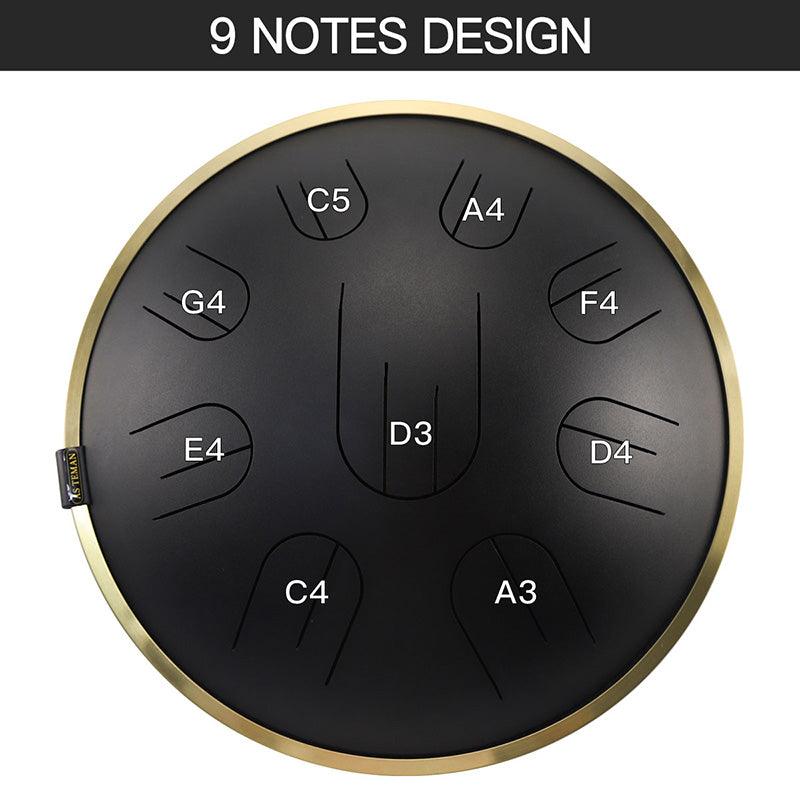 AS TEMAN Steel Tongue Drum | D Amara / C# Amara Black Tank Drum für Yoga & Meditation mit Geschenkset | 14 Zoll 9 Töne